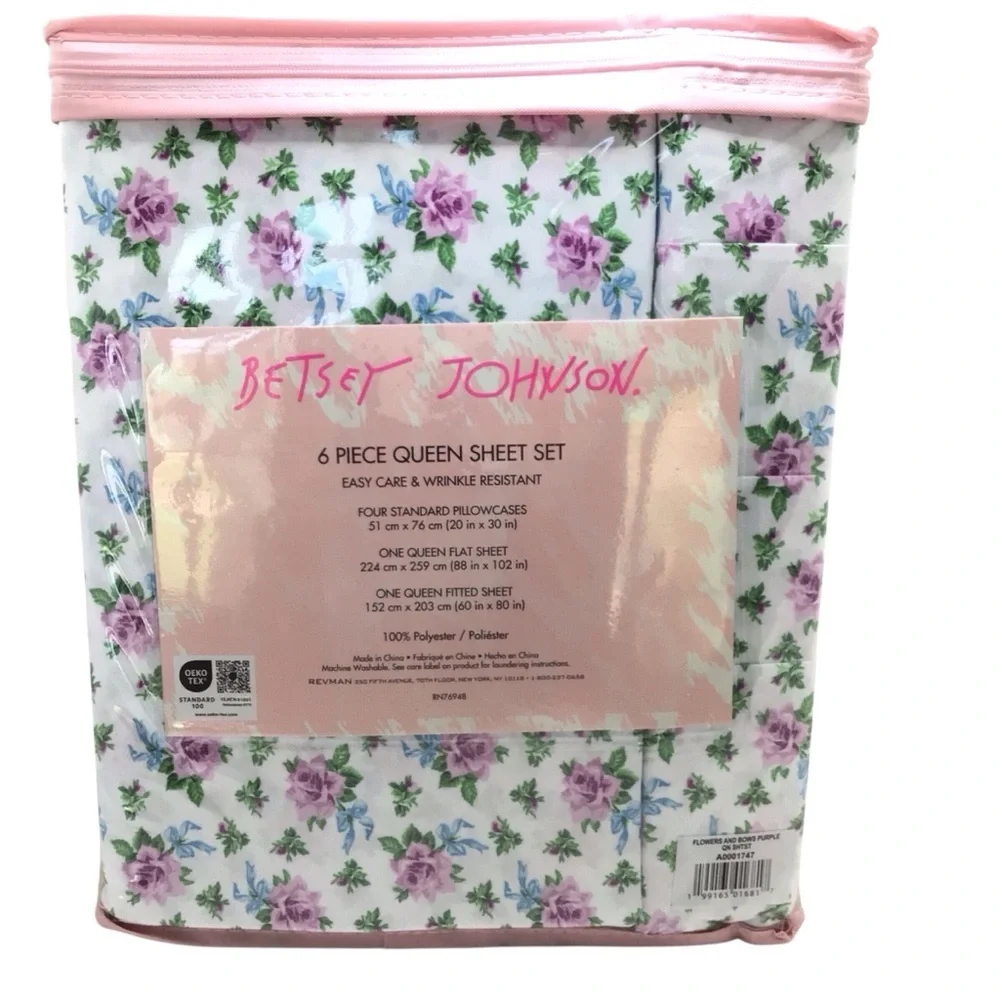 6pc Betsey Johnson Flowers & Bows Purple Print Shabby Chic Queen Sheet Set